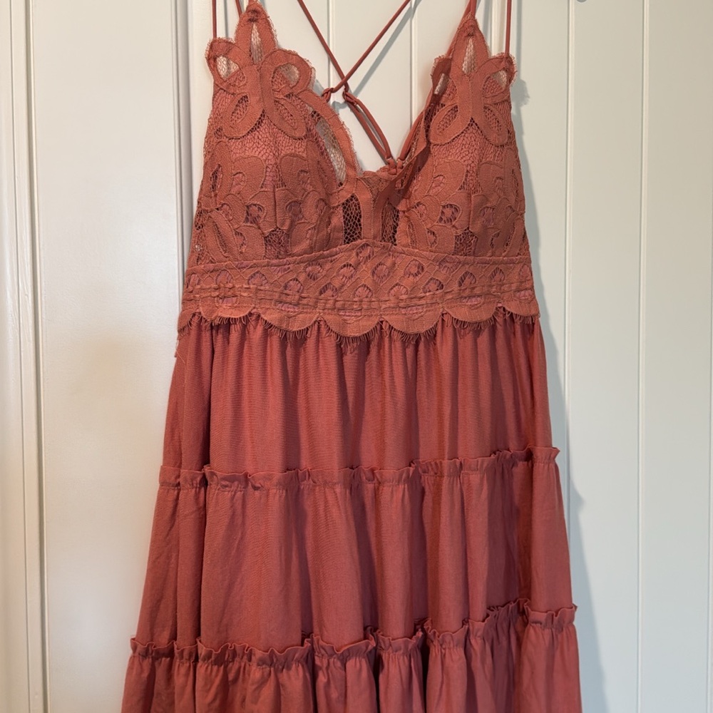 Peach Love California Lace Mini Dress in Rust